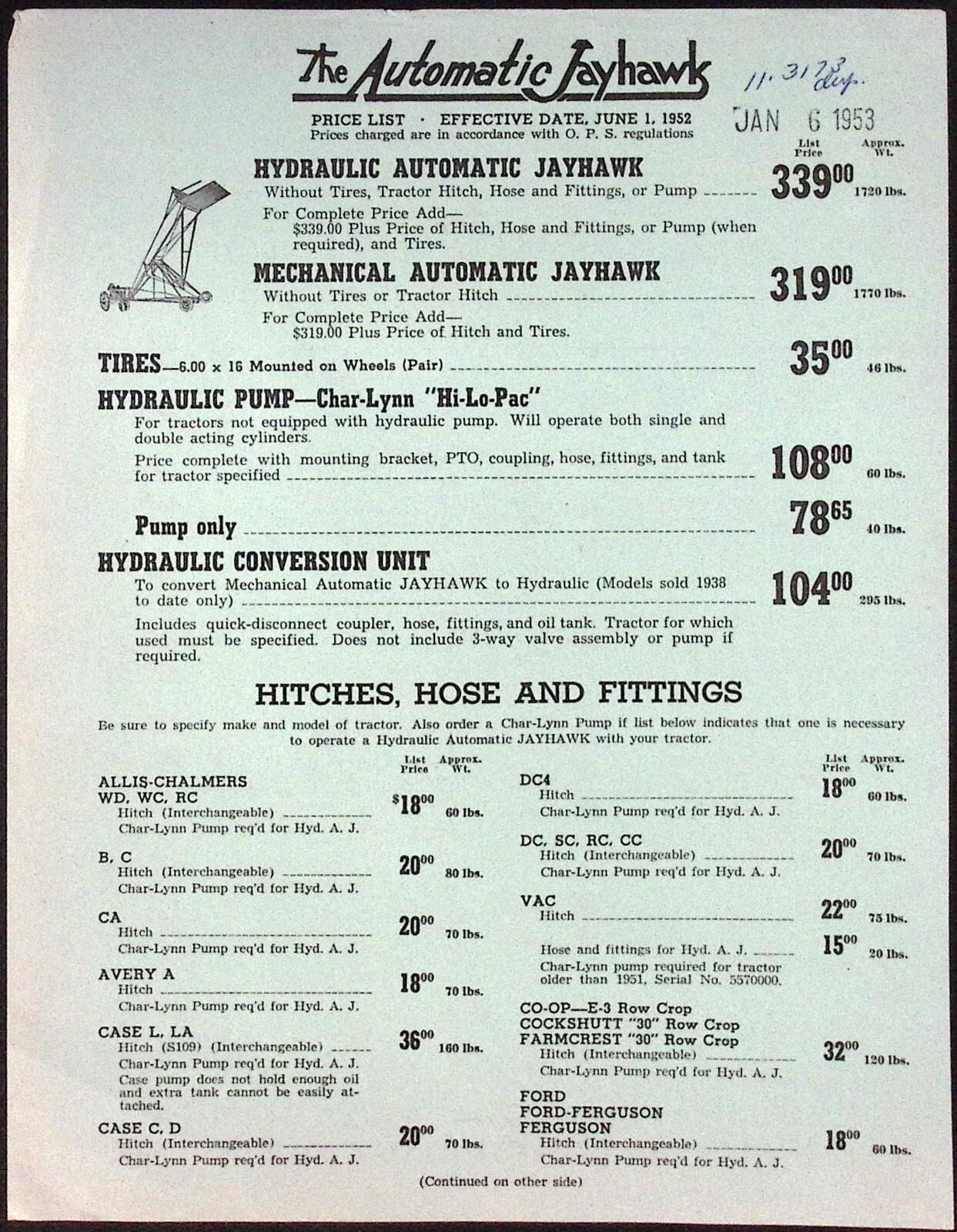 1953 Wyatt Mfg Co Improved Automatic Jayhawk Stacker Loader Sweeprake Brochure