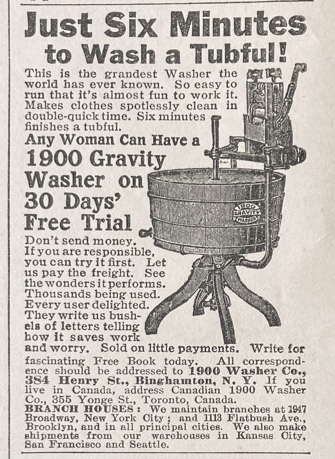 1909 AD.(XH10)~1900 WASHER CO. BINGHAMTON, NY. 1900 GRAVITY CLOTHES WASHER