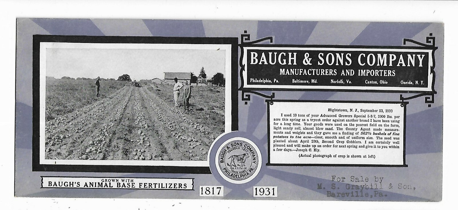 1931 Ad Premium Blotter Baugh Fertilizer Norfolk Baltimore Graybill Bareville PA
