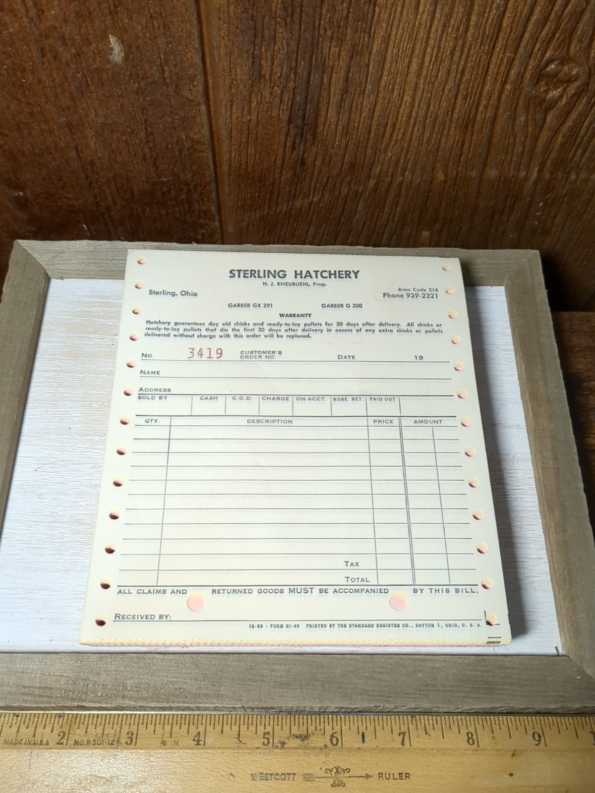 Sterling Hatchery Wayne County Ohio Kneubuehl Area Code 216 Receipts Invoice NOS