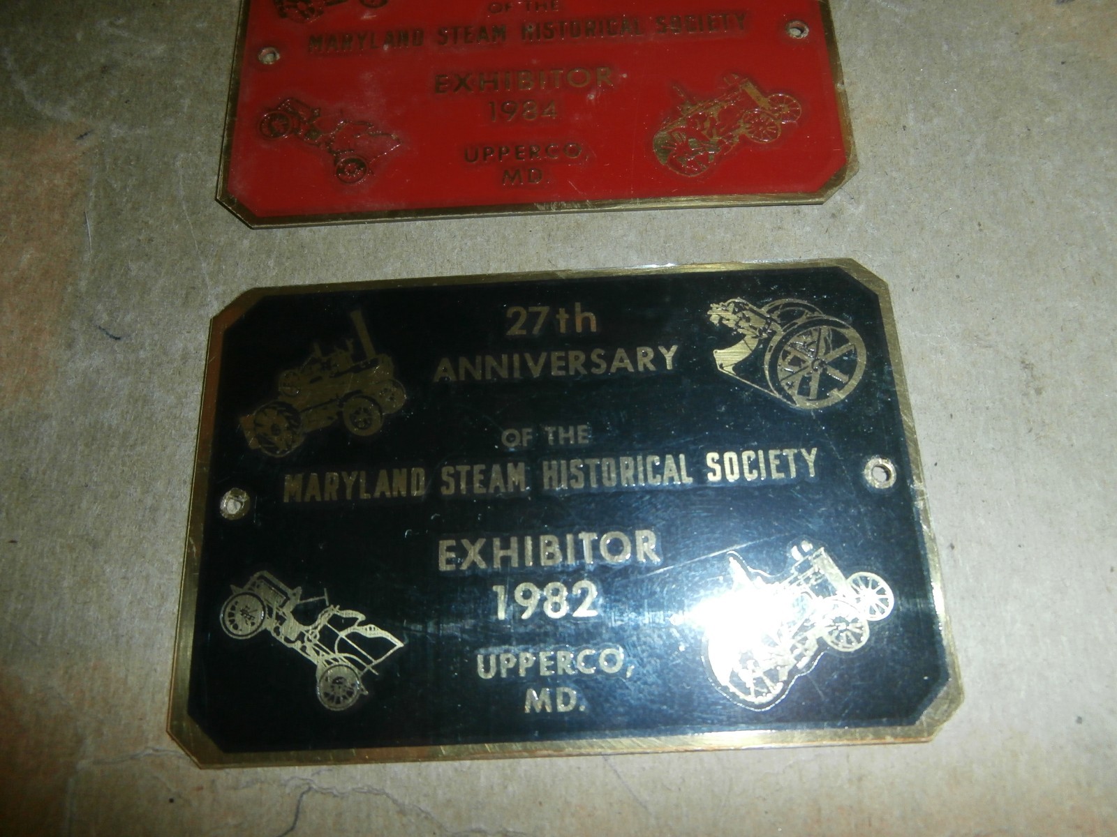 2 Vintage Brass Dash Plaques Maryland Steam Historical Society Upperco 1982 1984