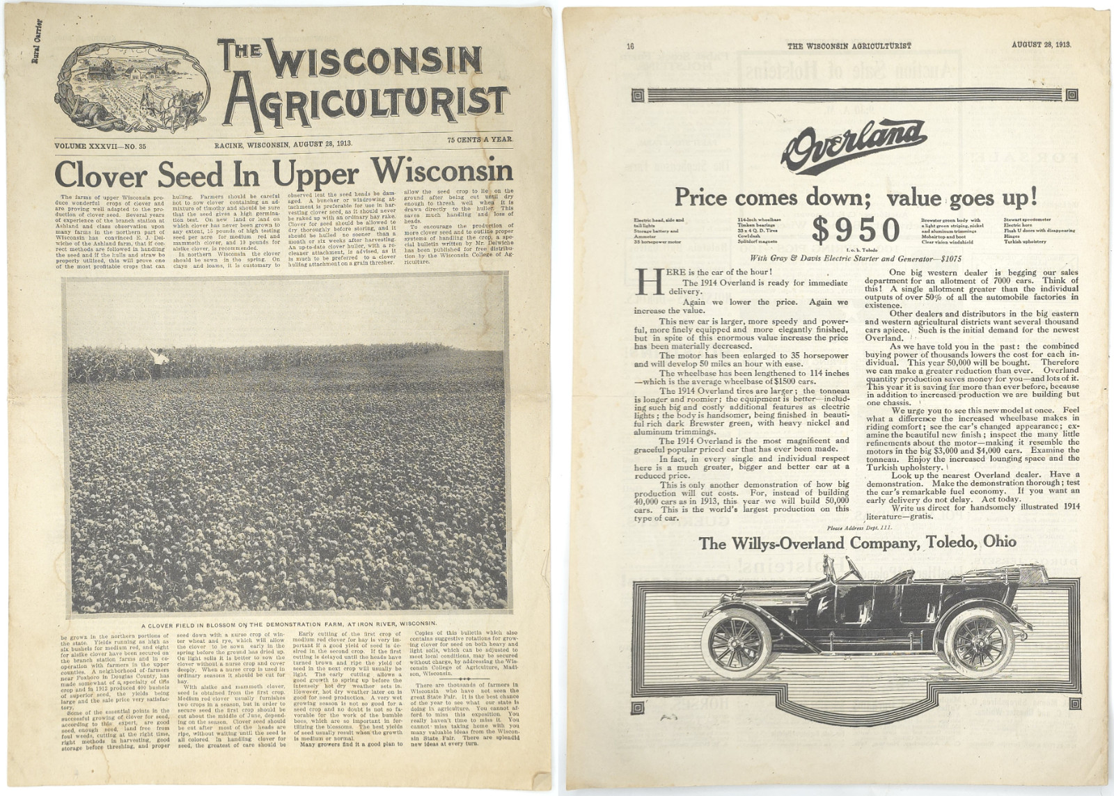 1913 The Wisconsin Agriculturist Farm News Newspaper Livestock Overland Motors