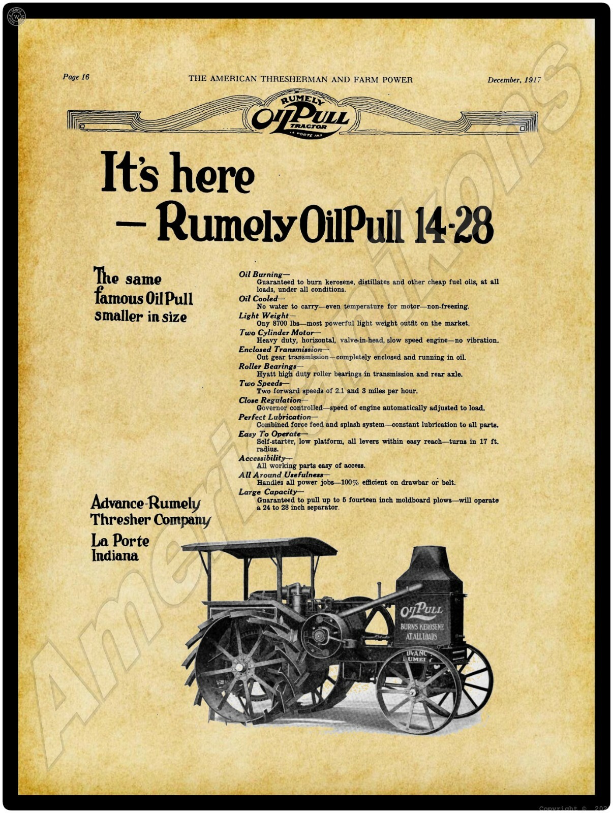 1917 Rumely Oil Pull Tractor New Metal Sign: Model 14-28 – La Porte, Indiana