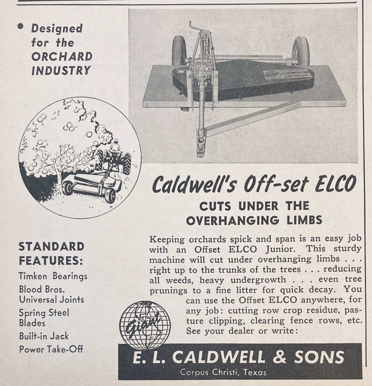 1958 AD.(XF19)~E.L. CALDWELL & SONS CORPUS CHRISTI. ELCO JUNIOR OFF-SET MOWER