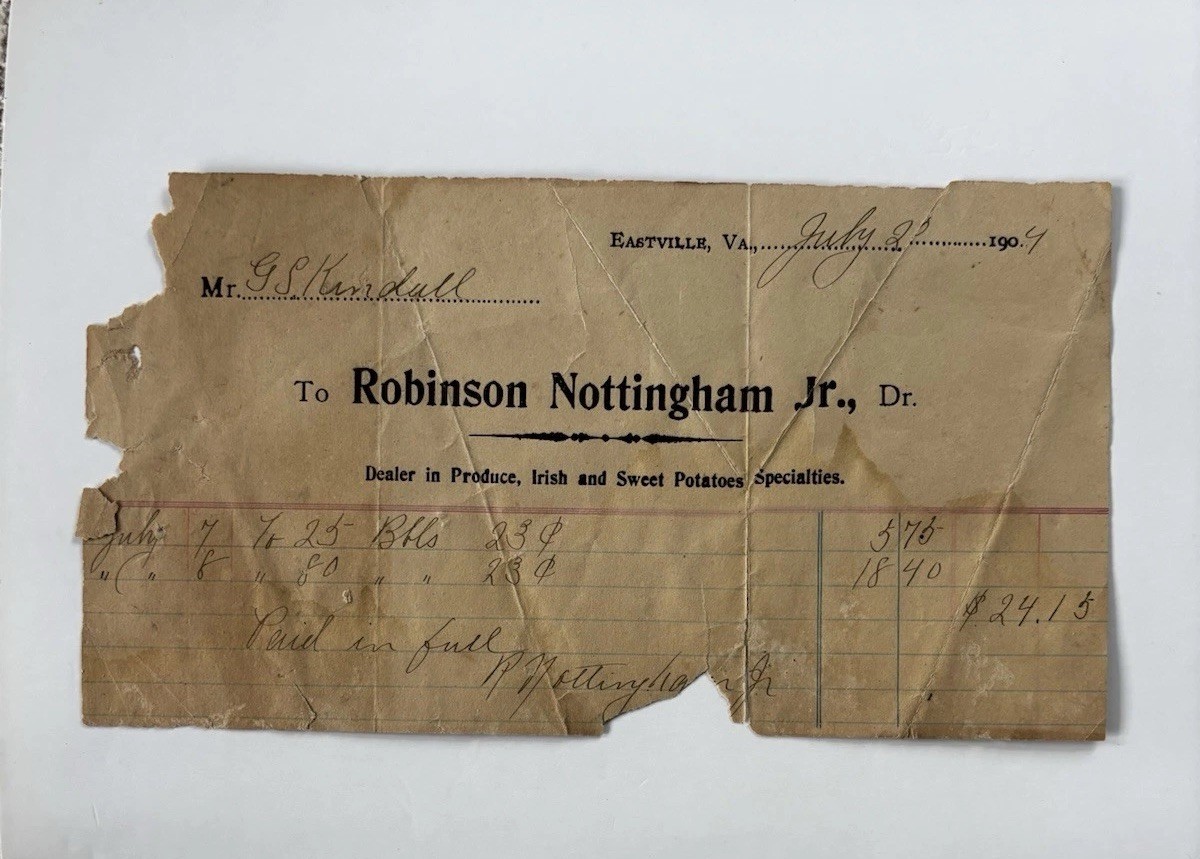 1909 Robinson Nottingham Jr Eastville VA Produce Dealer Receipt to Judge Kendall