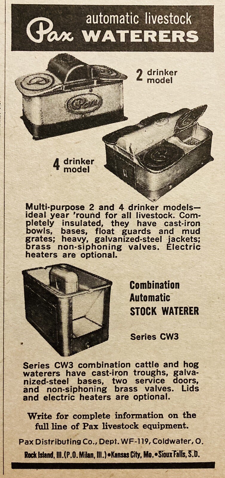1969 AD.(XH79)~PAX DISTRIBUTING CO. COLDWATER, OHIO. PAX LIVESTOCK WATERERS