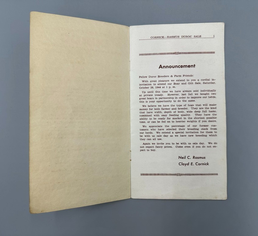 1944 DUROC BOAR Gilt PIG SWINE Sale AUCTION Brochure MT UNION IOWA Vintage Farm