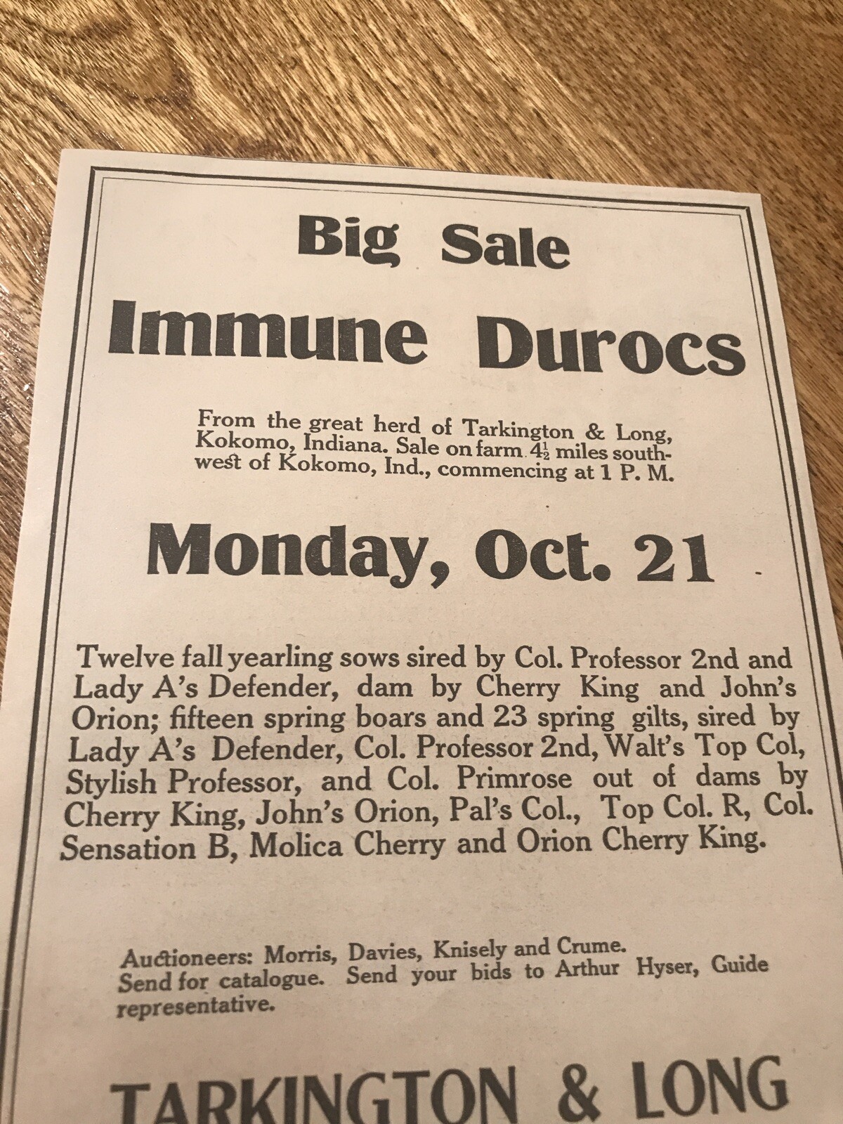 ORIGINAL 1918 Sow Public Sale – Kokomo- Indiana – Farm Advertising – Hog Pig