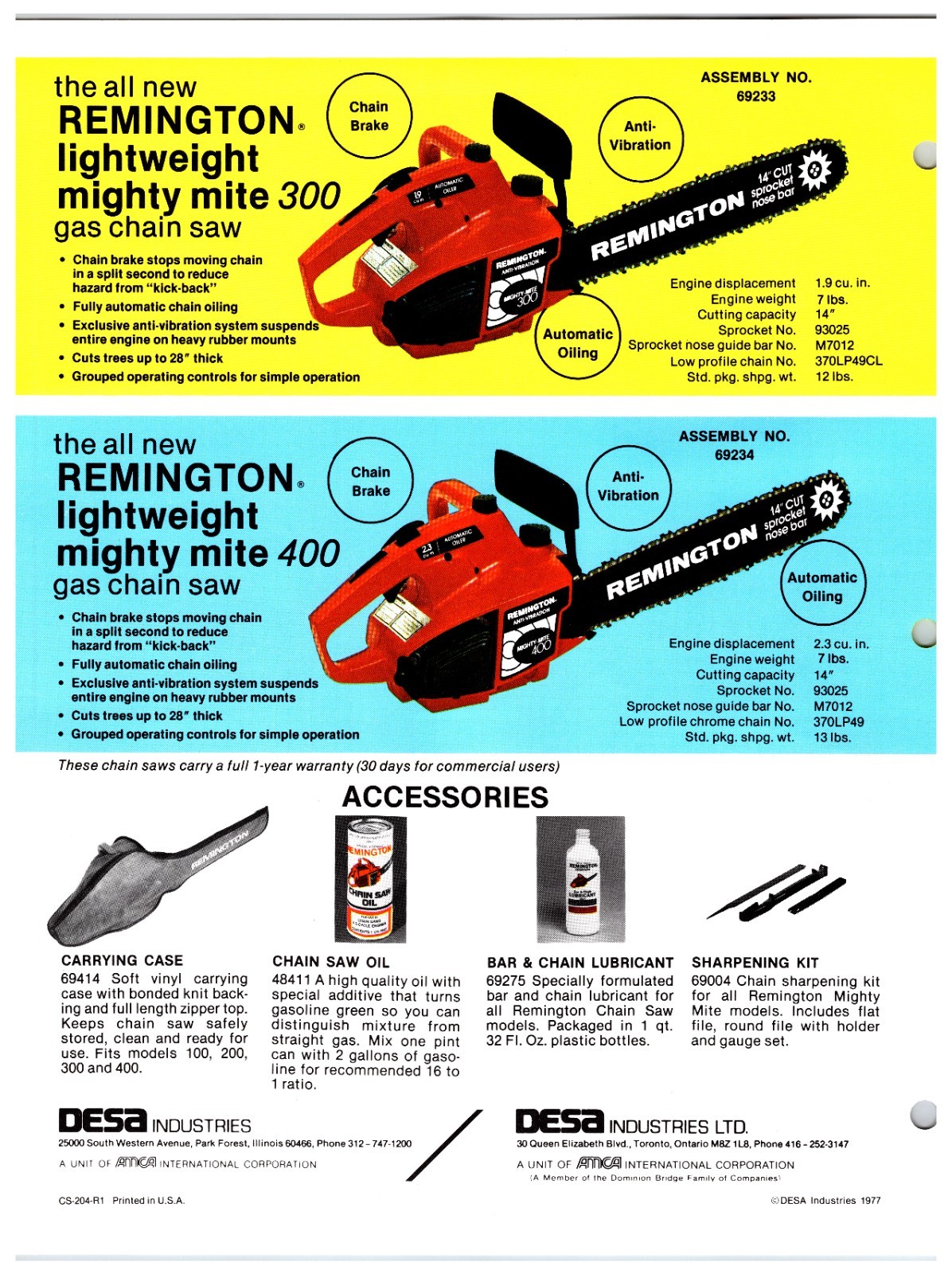 Original 1970s Remington Chainsaws Sales Info Sheet (Mighty Mite Gas Models)