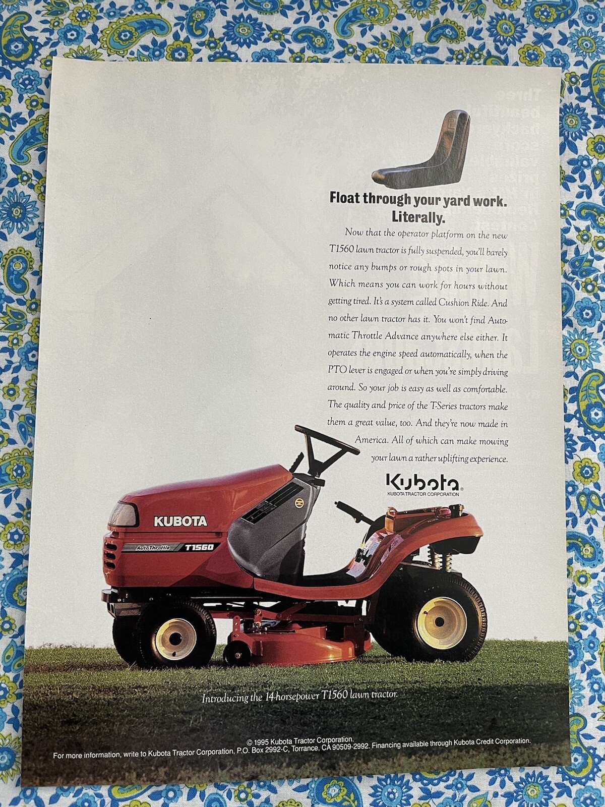 Vintage 1996 Kubota Garden Tractor Riding Lawn Mower Print Ad
