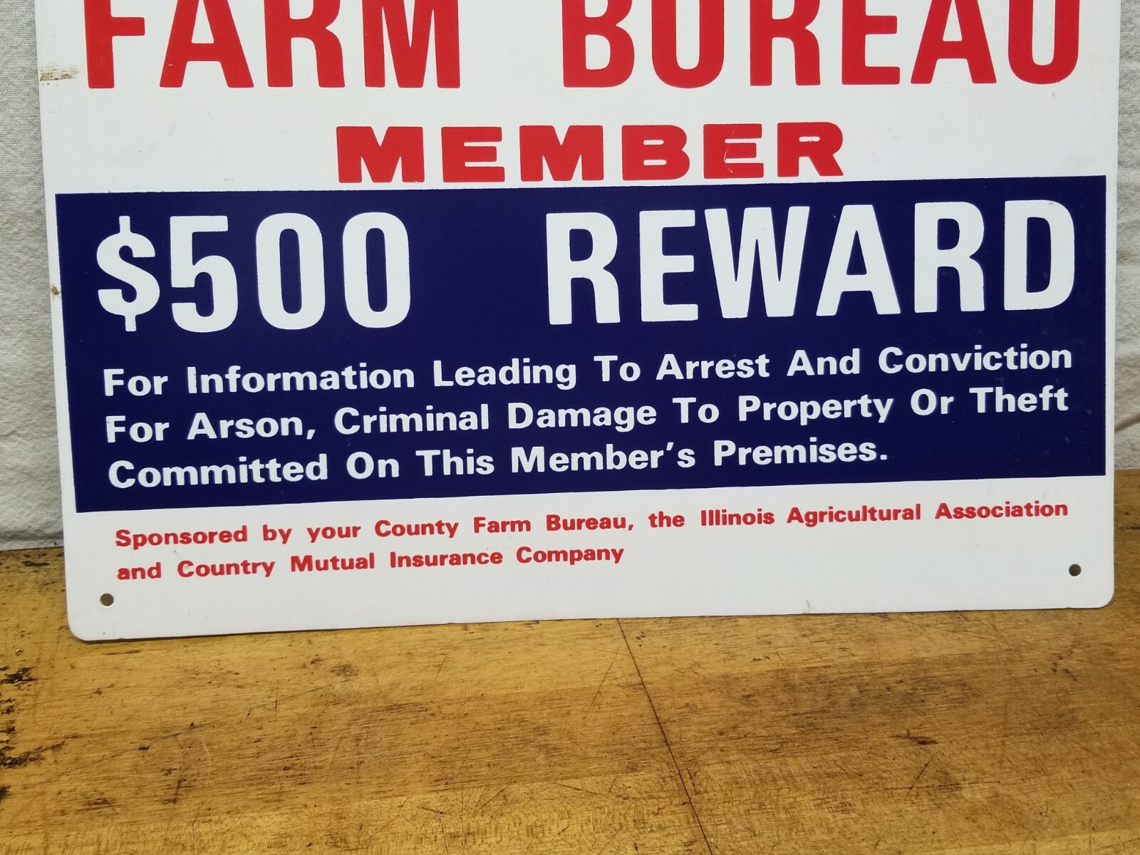 Vintage Illinois Farm Bureau Member Sign $500 Fine Plastic