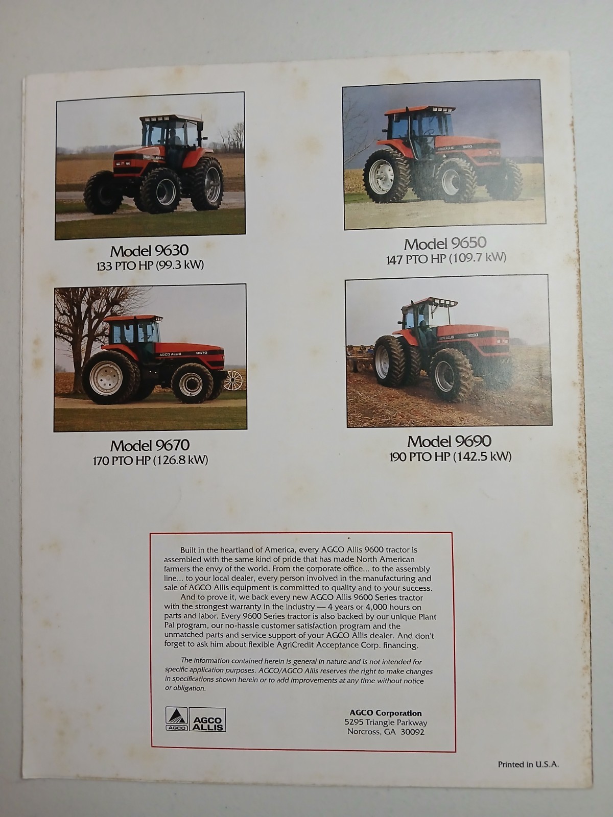 Vintage AGCO Allis 9600 Series Tractors 133- 191 PTO Horsepower Brochure Trifold
