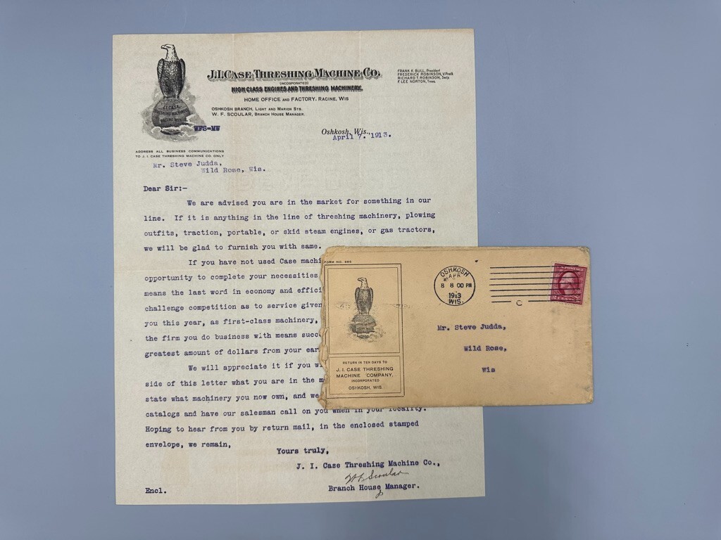 1913 JI CASE THRESHING Machine OSHKOSH WI Postal Cover Letter FARM ADVERTISING