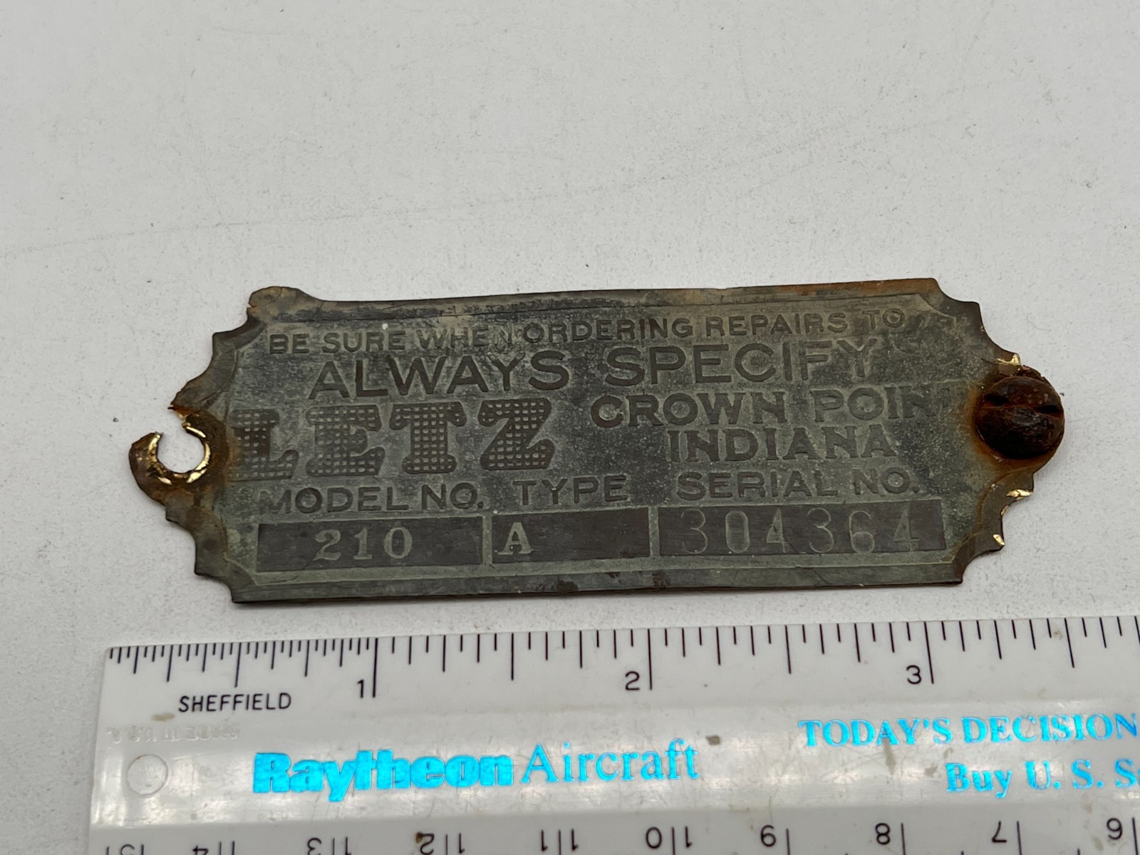Vintage Specify Letz Crown Point, IN Model 210 Type A Feed Grinder Tag / Plate