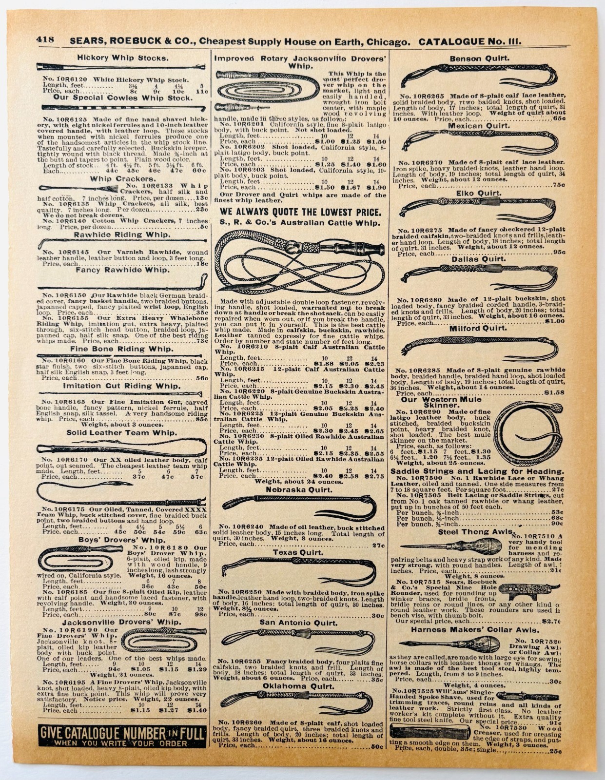 1901 Horse Jockey Whip Quirt Reproduction Advertisement Sears Agriculture DWW9A