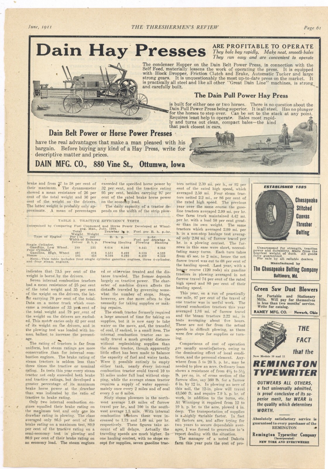 1911 Dain Mfg. Co. Ad: Belt or Horse Power Hay Press – Ottumwa, Iowa