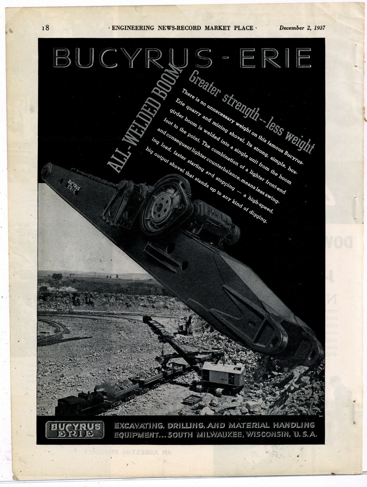 1937 Bucyrus Erie Equipment Ad: Quarry & Mining Shovel Loading Quarry Rail Car