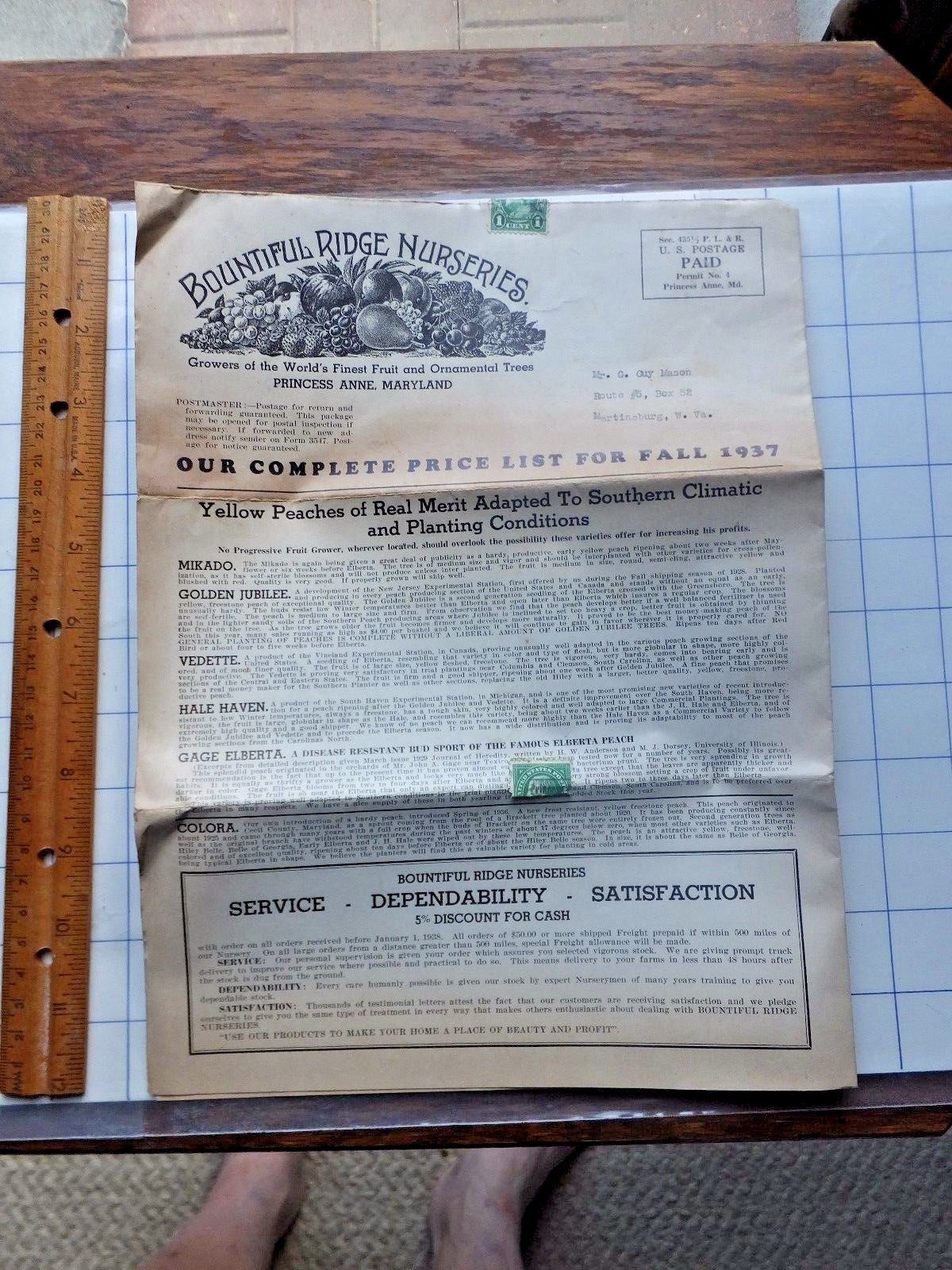 1937 Fruit & Ornamental Price List – Bountiful Ridge Nurseries, Princess Anne,MD