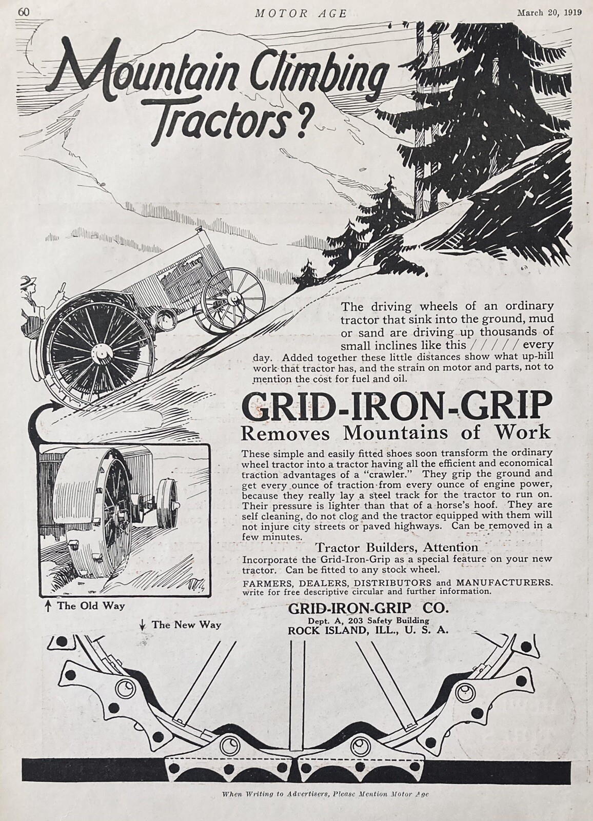 1919 AD.(XH36)~GRID-IRON-GRIP CO. ROCK ISLAND, ILL. MOUNTAIN CLIMBING TRACTORS