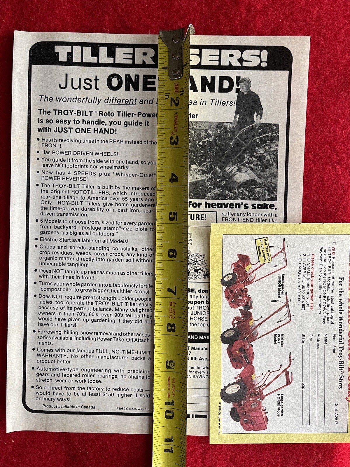 Vintage 1989 Troy Bilt Tiller Print Ad “use one hand”