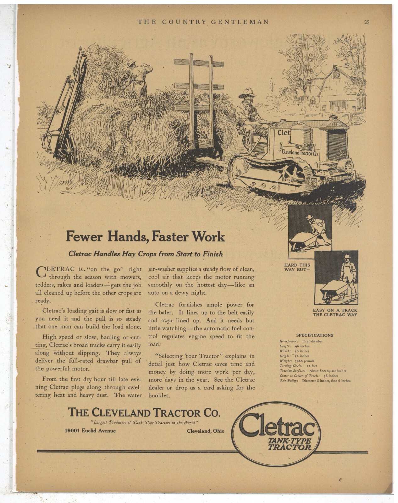1921 Cleveland Tractor Co. Ad: CLETRAC – Fewer Hands, Faster Work – OhiO