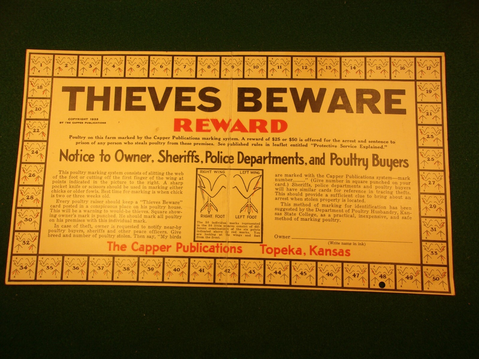 RARE OLD VTG ANTIQUE 1933 PLACARD: THIEVES BEWARE, REWARD (FOR POULTRY THEFT)