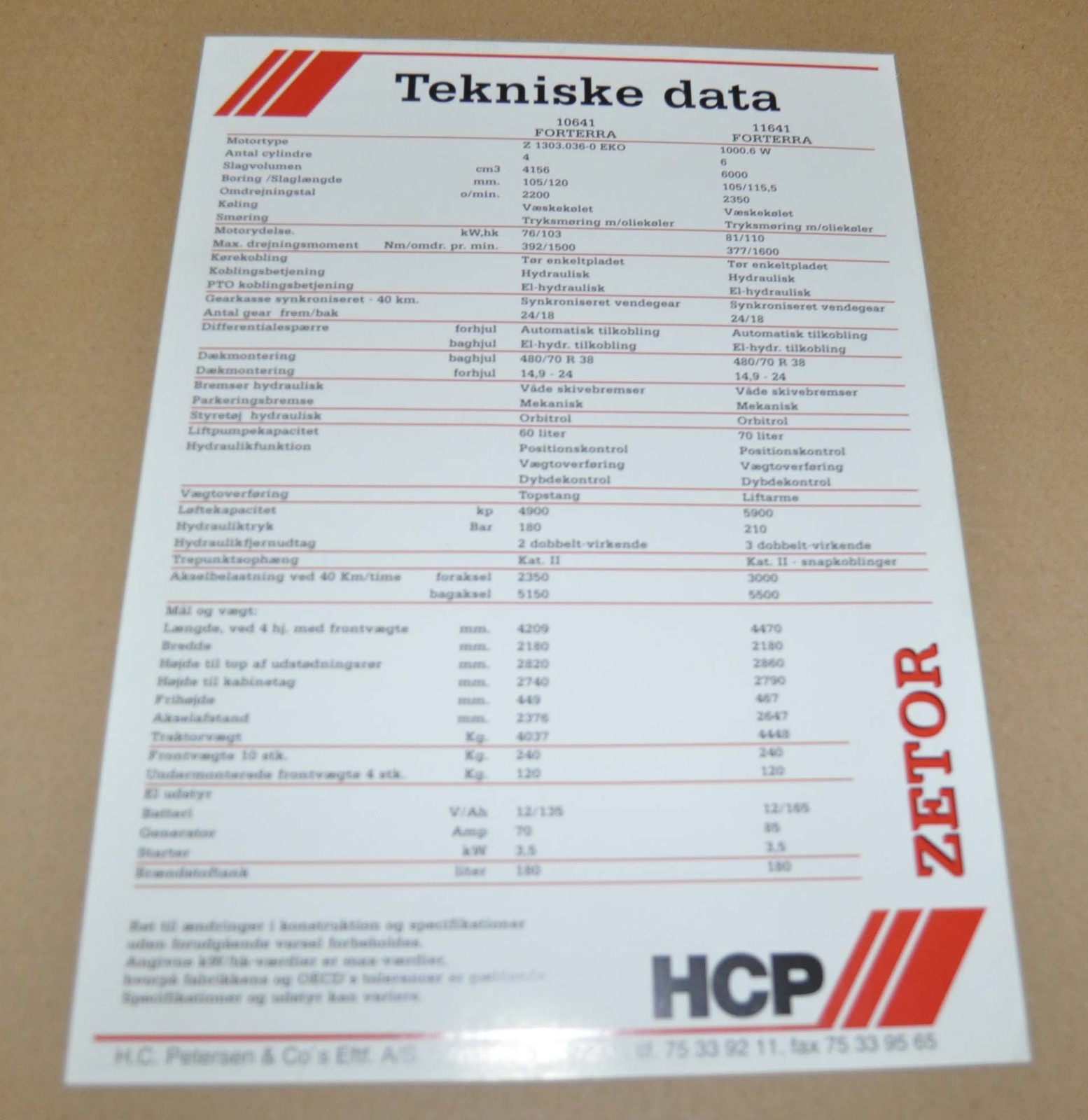 Zetor 10641 11641 Tractor Specification Brochure Prospekt DK