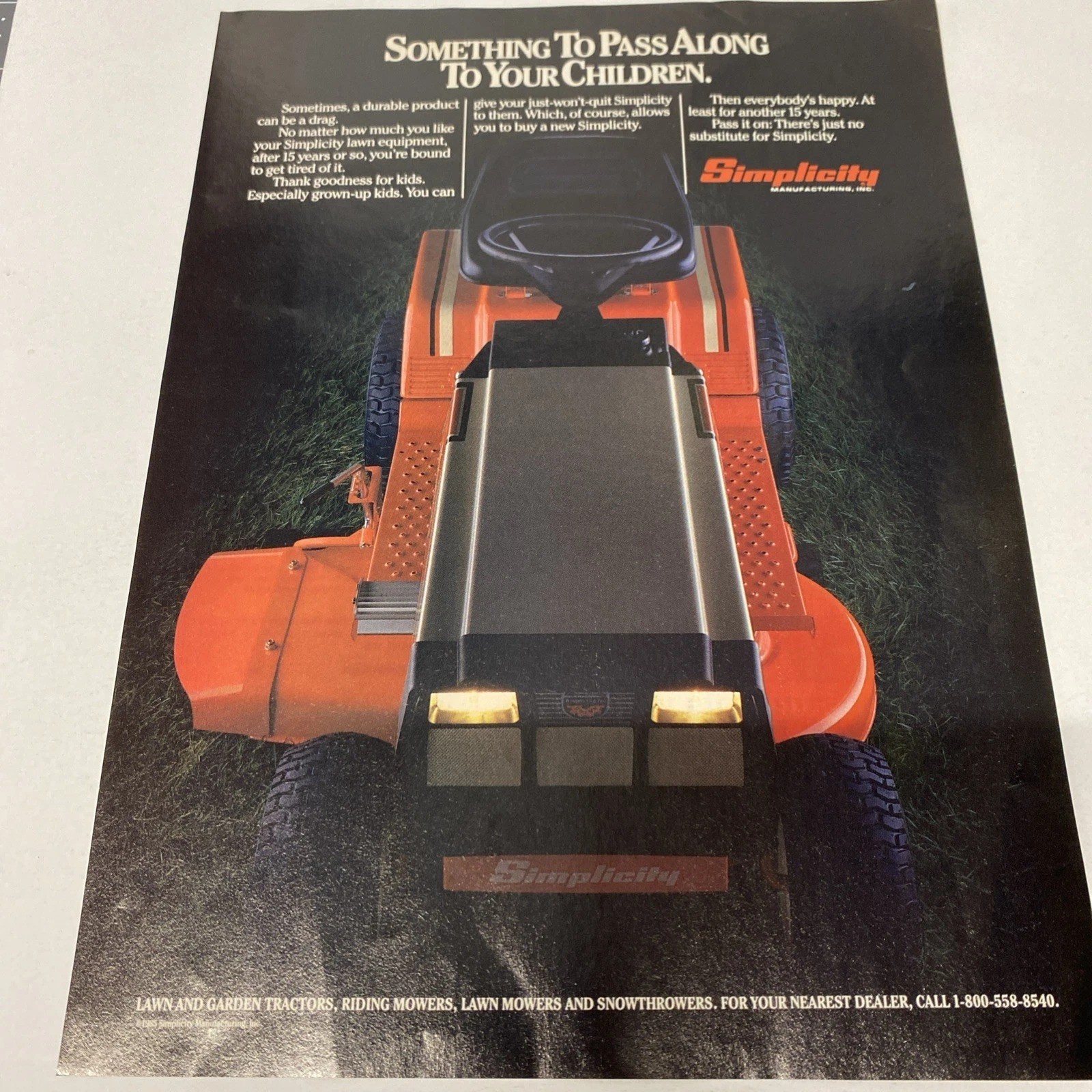 1985 Simplicity Manufacturing Riding Lawn Mower Tractor Full Page Print Ad