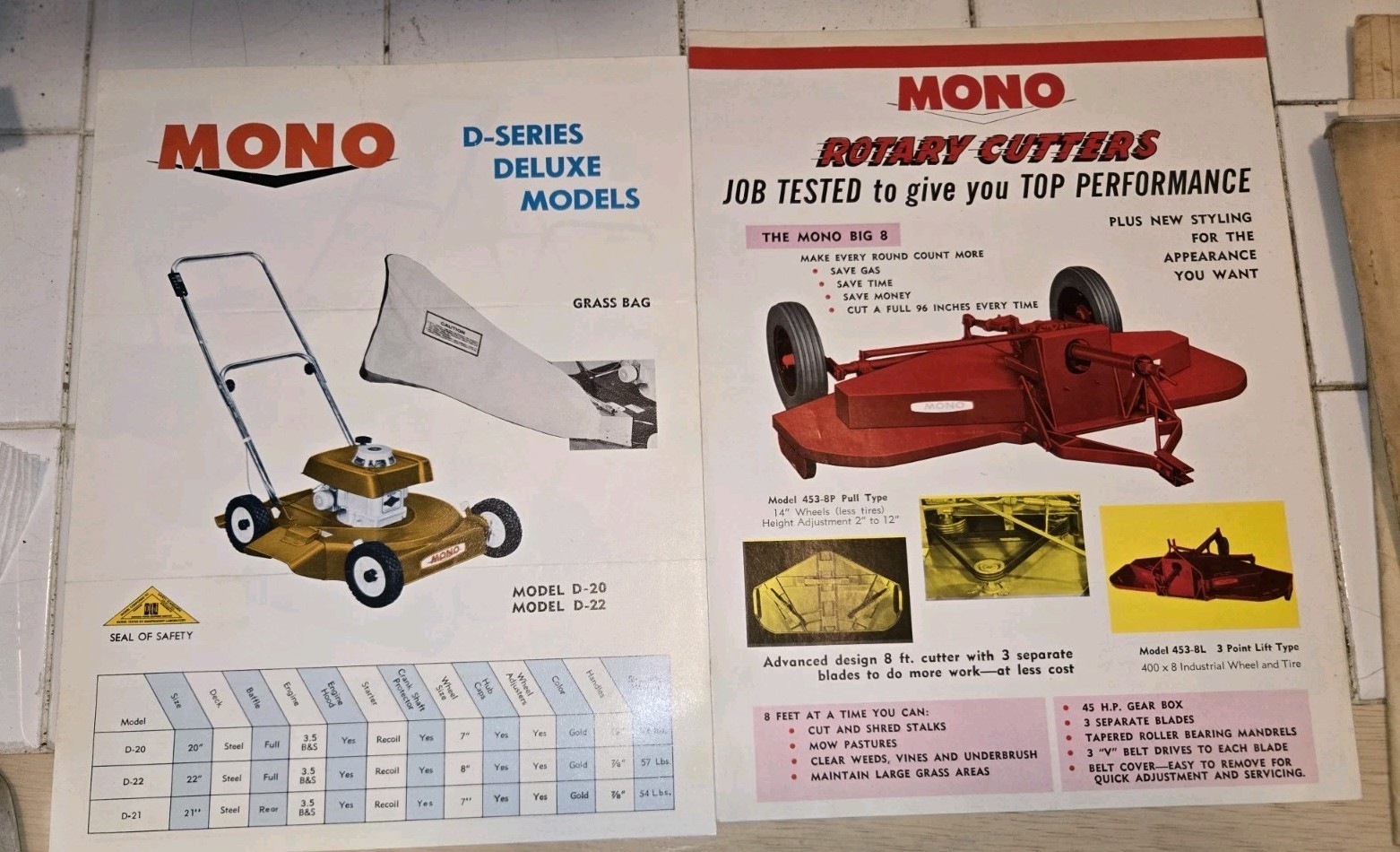 2 1970s Mono D SERIES lawn mowers AND ROTARY CUTTERS original sales BROCHURES