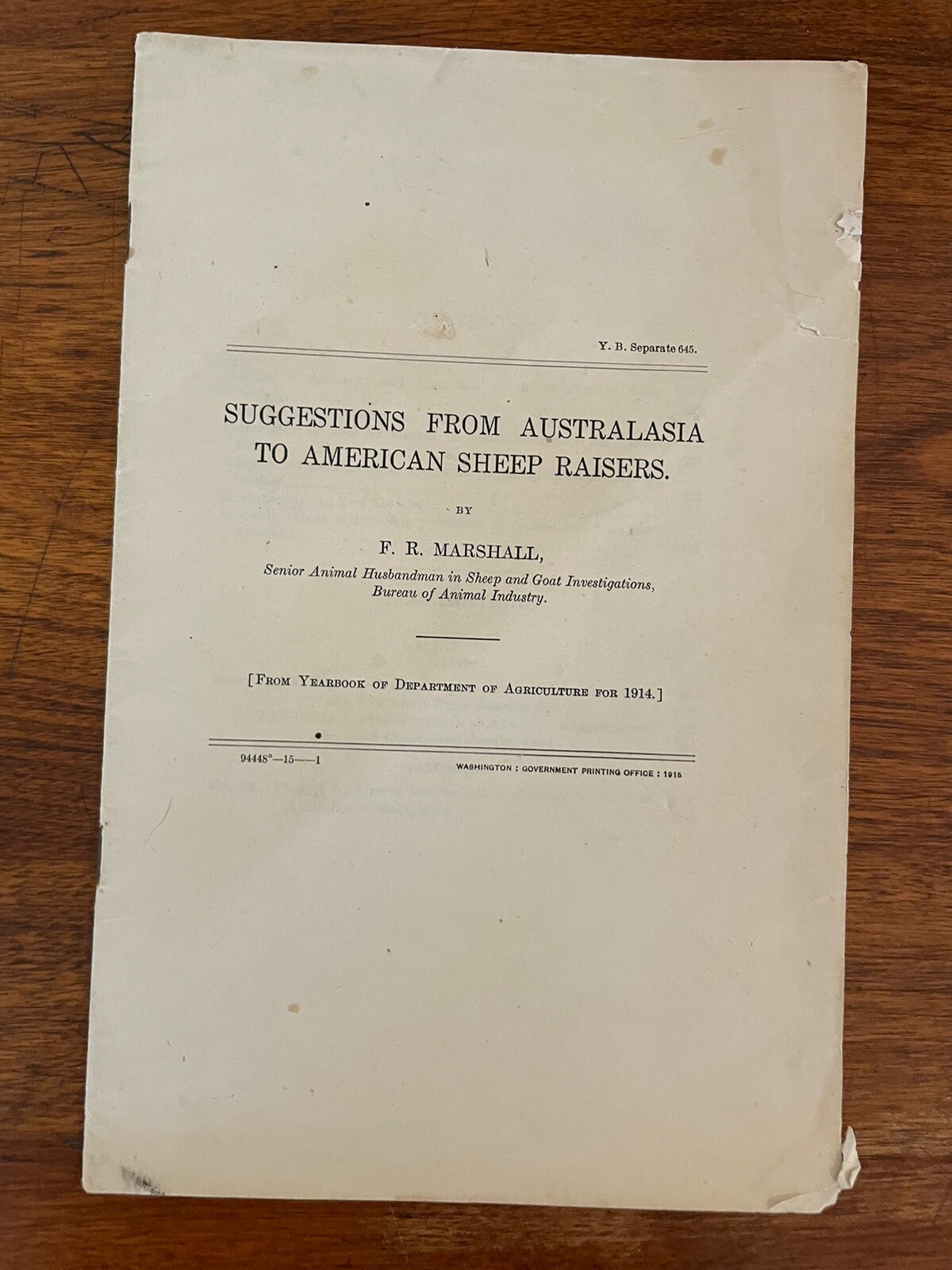 Vtg 1914- US Department Of Agriculture-Paper Pamphlet-SUGGESTIONS FROM AUSTRALIA