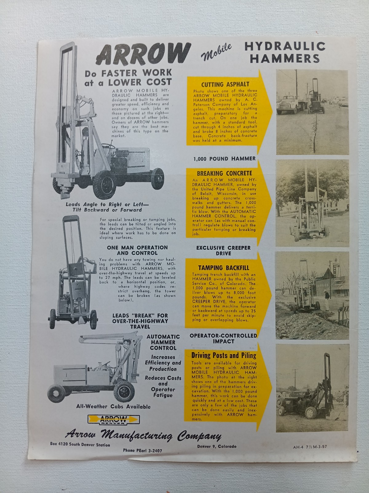 ARROW Hydraulic HAMMERS 1950&rsquo;s Dealer Sales MAILER Denver