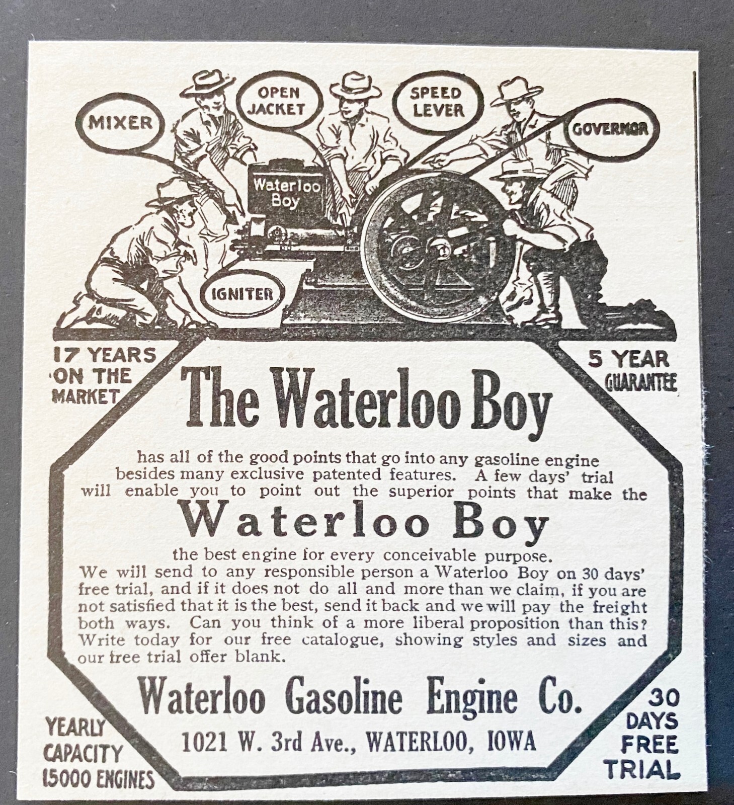 Antique 1910 WATERLOO BOY Gasoline Engine Company Vtg Print Ad~Iowa Farmers Men
