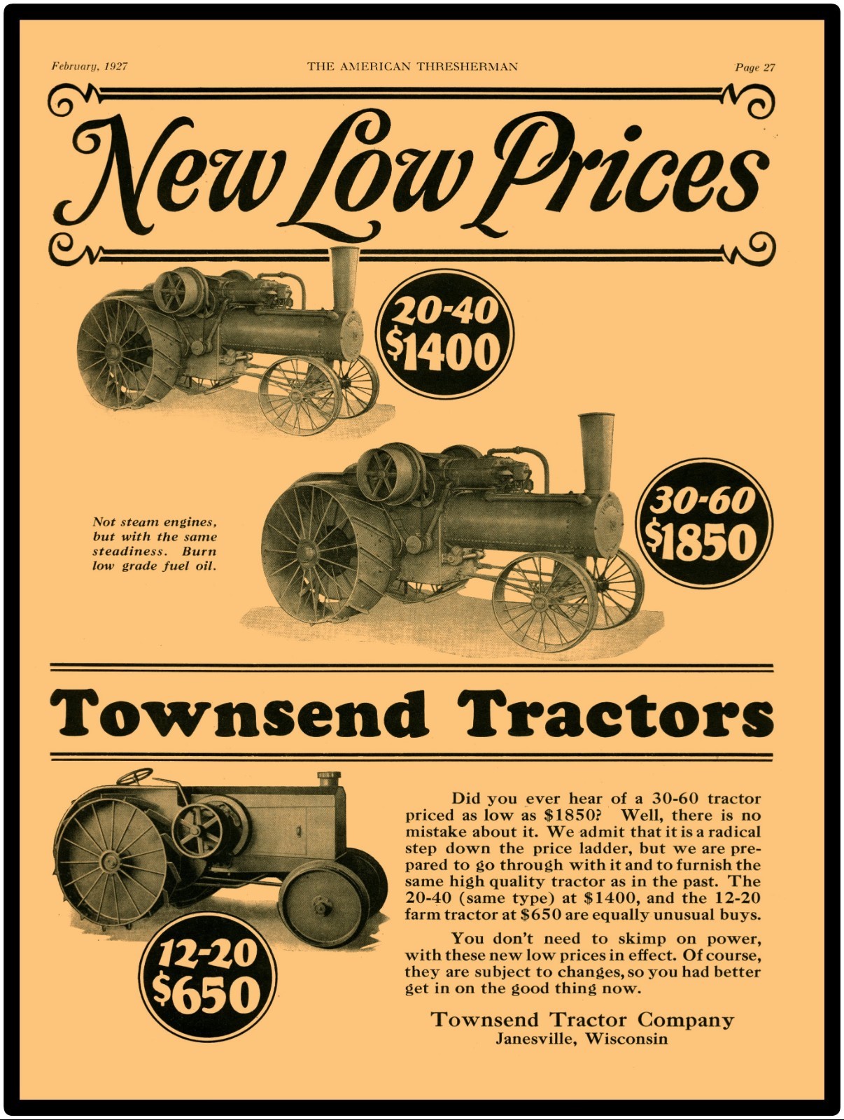 Townsend Tractors Vtg Look 9” x 12” Reproduction Aluminum Sign: 20-40, 30-60 +
