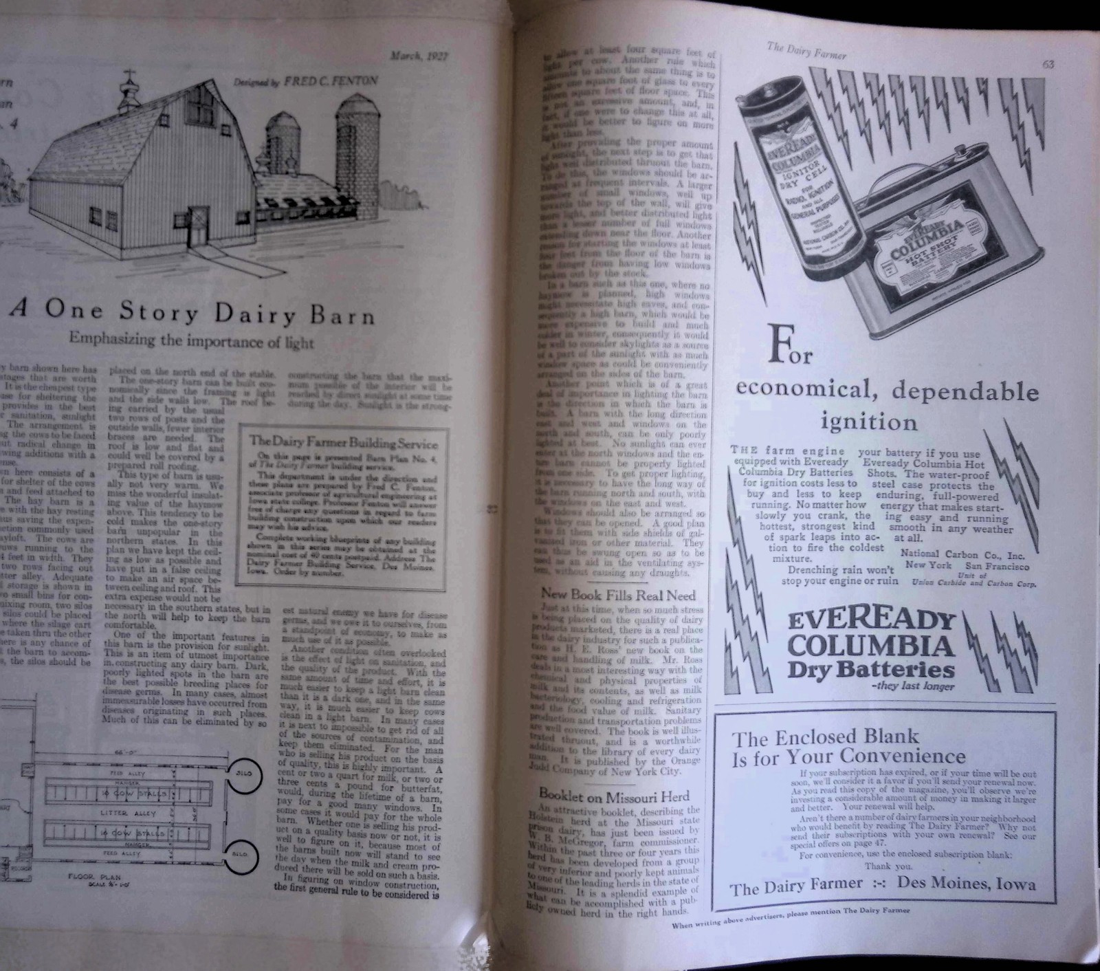 1927 Dairy Farmer March Iowa Purina Cows Barn Plan Vintage Ad