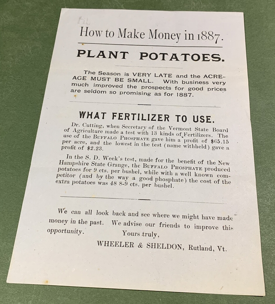 Wheeler & Sheldon Fertilizers Rutland Vermont 1887 Potato Farming Advertisement