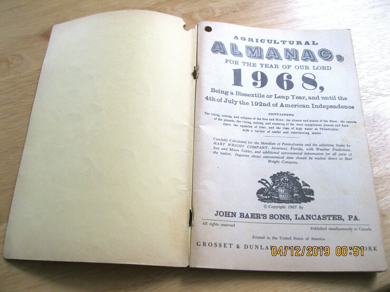 Booklet Baer&rsquo;s Agricultural Almanac for the Year 1968 with Weather Forcasts