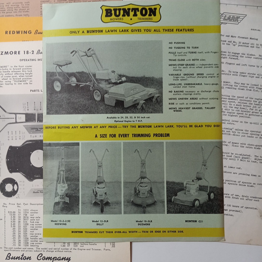 6 Bunton Lawn & Garden Tractors Brochure Redwing, Dilly, Duzmore Flyers Brochure