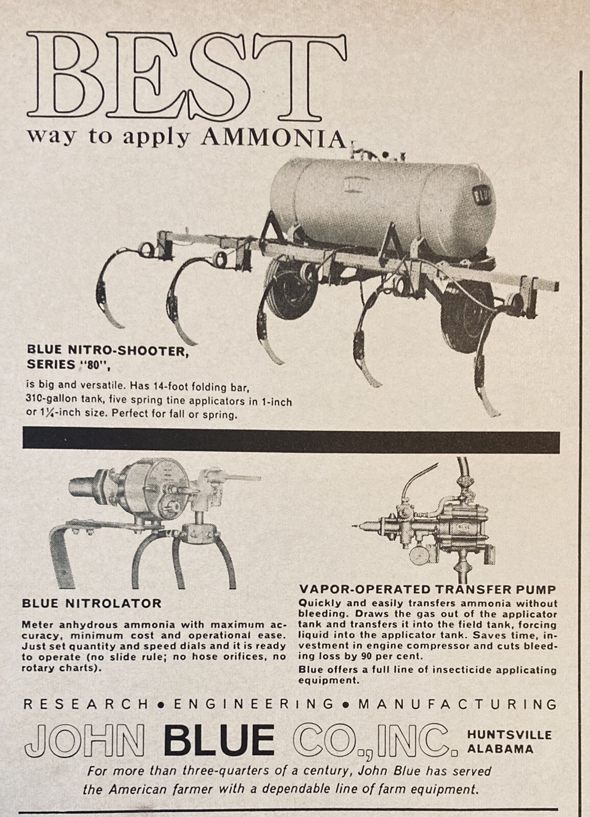 1962 AD.(XH30)~JOHN BLUE CO. HUNTSVILLE, ALA. BLUE NITRO CHEMICAL SPRAYERS