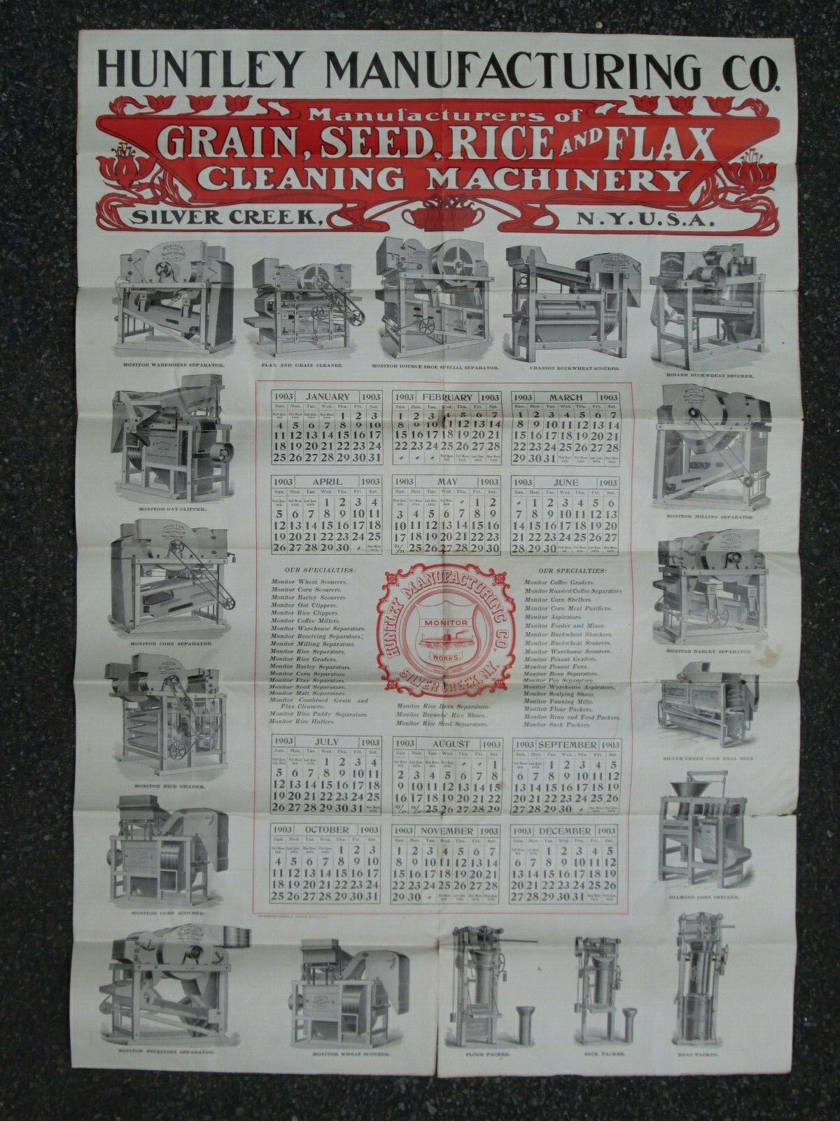 1903 Machinery Calendar Sign Poster, Silver Creek NY Huntley Grain Cleaning Mfg.