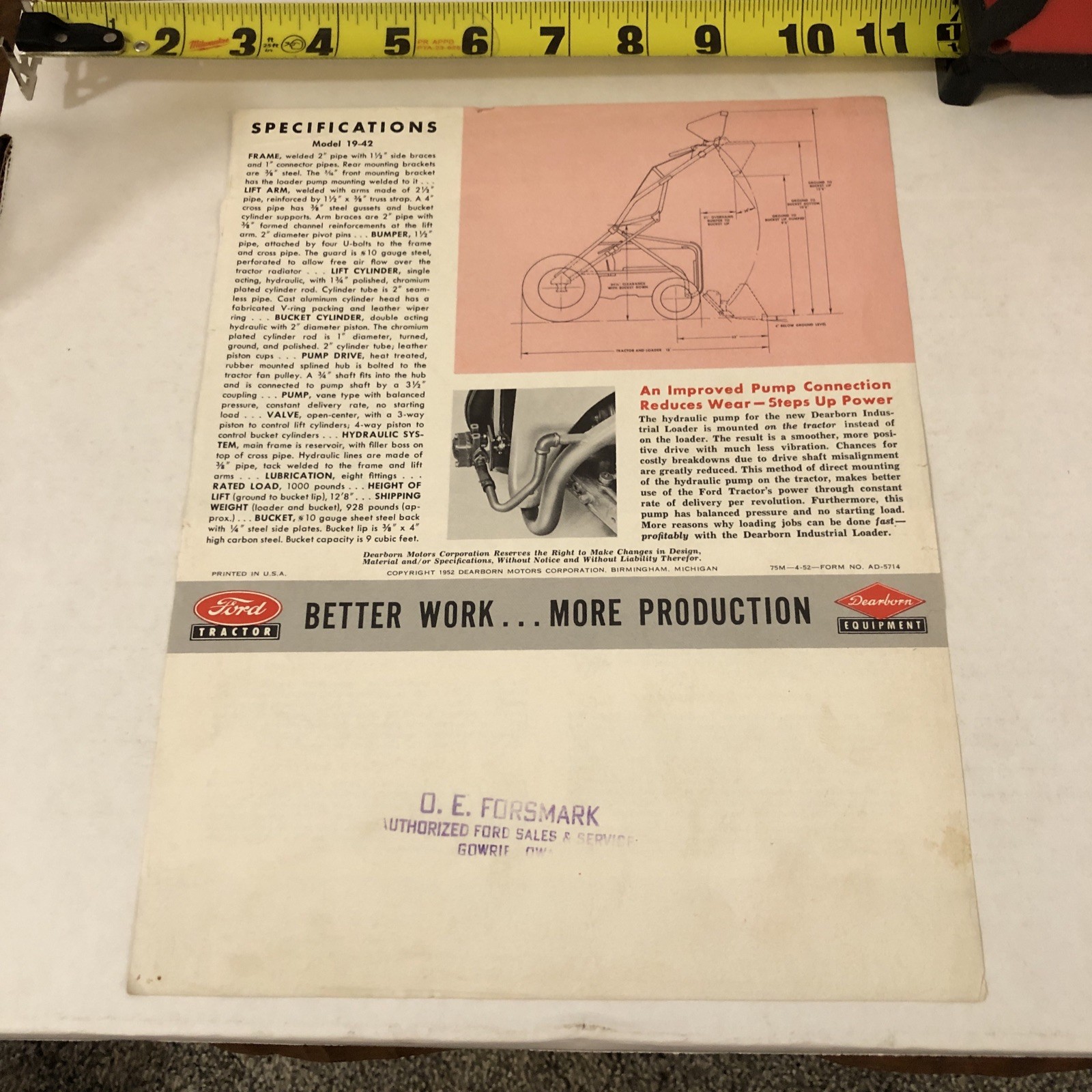 1954 Ford Tractor Dearborn Industrial Loader Specs Agriculture Sales Data Sheet