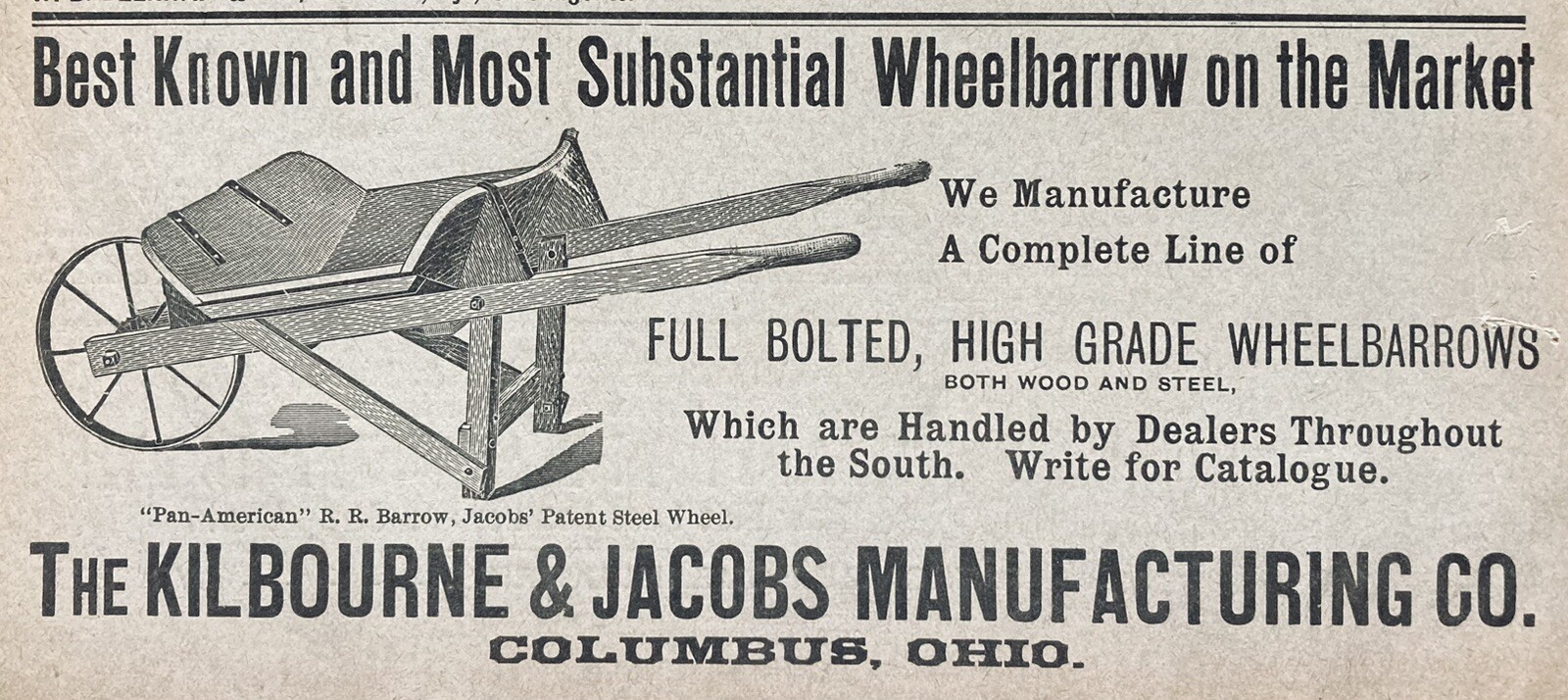 1894 AD.(XH67)~KILBOURNE & JACOBS MFG. CO. COLUMBUS, O. HIGH GRADE WHEELBARROWS