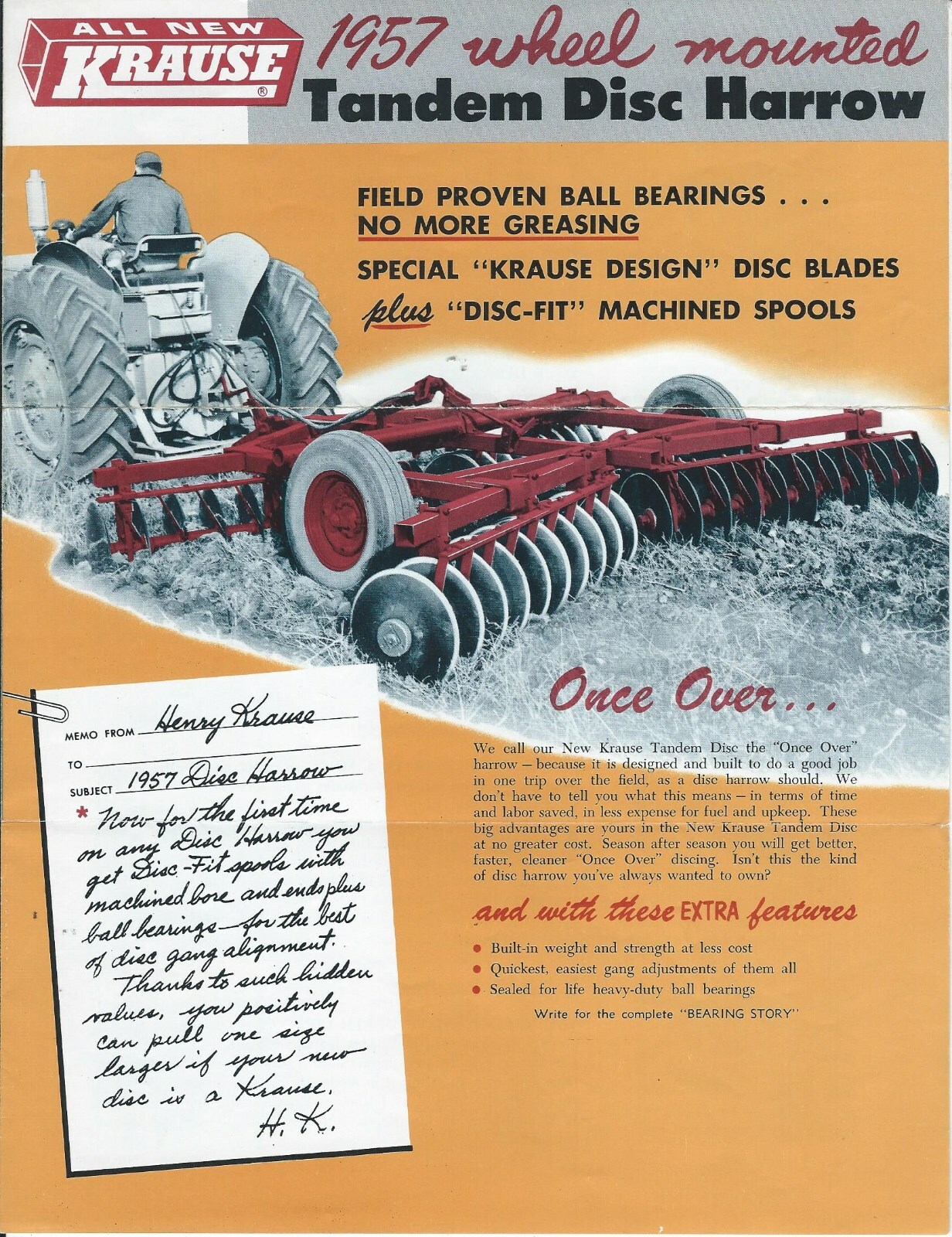 Farm Implement Brochure – Krause – Tandem Disc Harrow – 1957 (F7119)