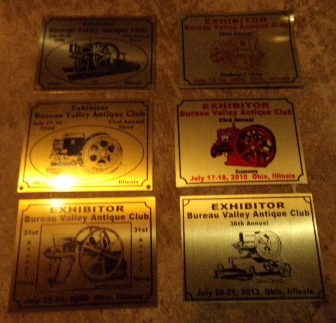 6-lot 3&Prime;x4&Prime; assorted bureau valley antique club ohio,IL. exhibitor plaques used