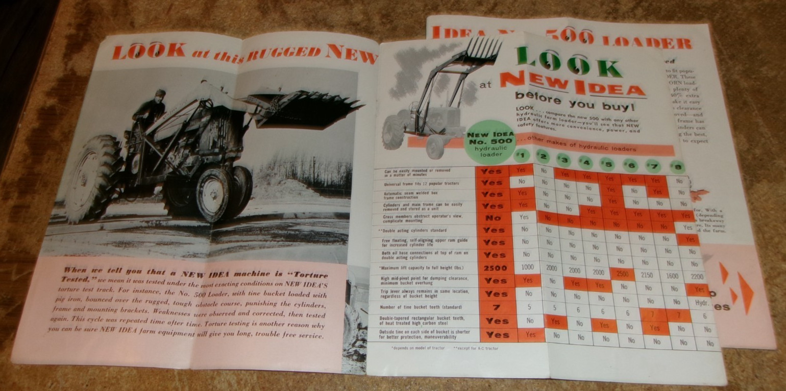 2-lot vintage new idea 500 hydraulic loader brochures in good shape used