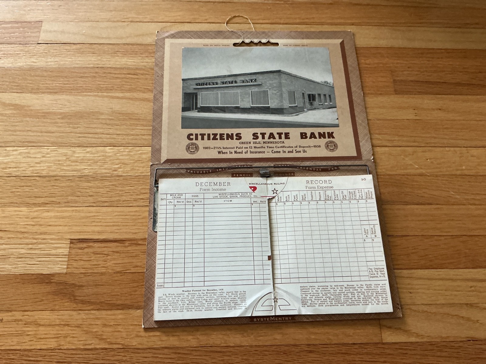 Vtg, 1956 Farm Acct. Record Book – Citizens State Bank, Green Isle, Minnesota