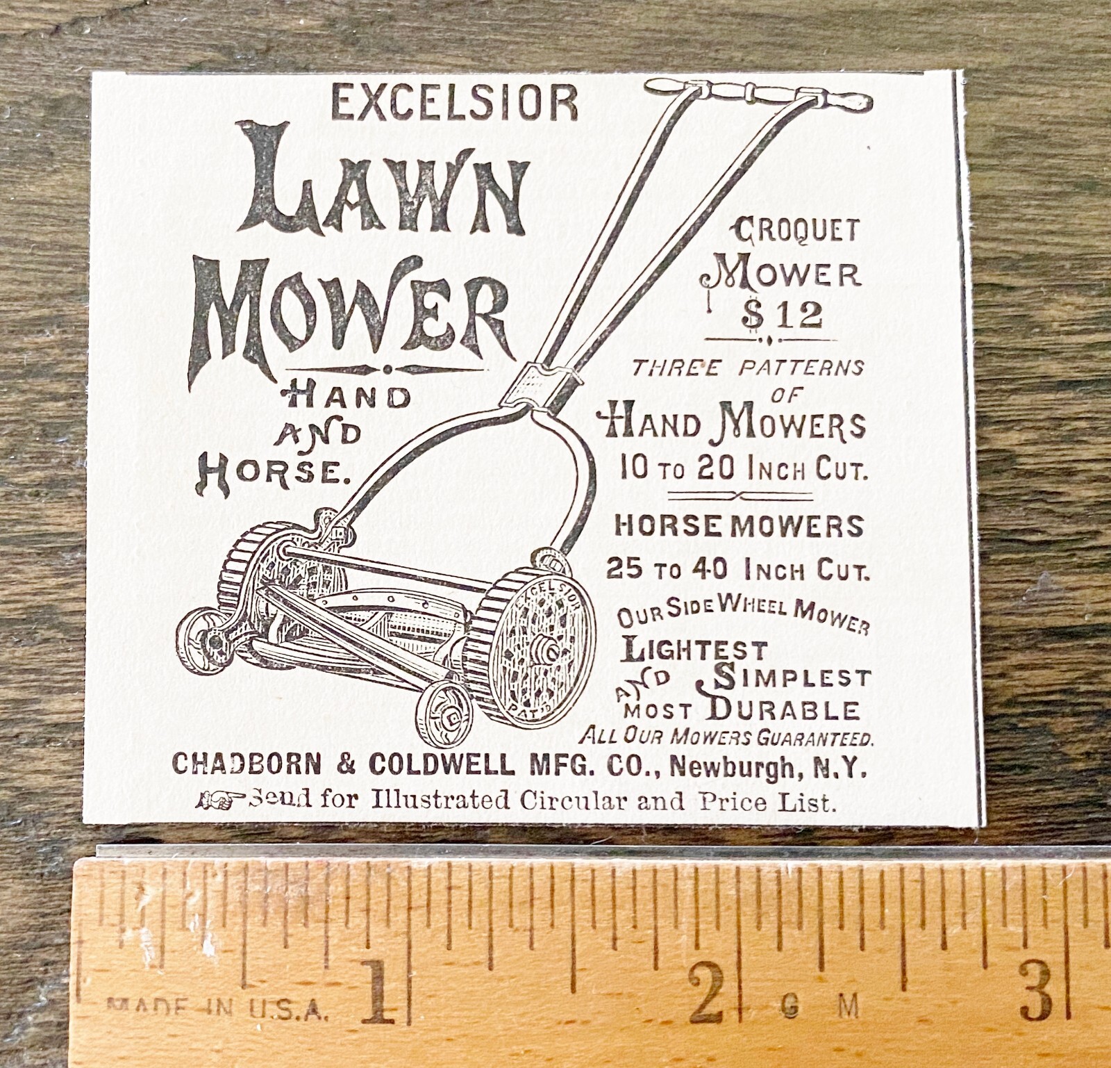 Old Excelsior Hand Push LAWN MOWER Chadborn & Coldwell,Newburgh NY 1880 Print Ad