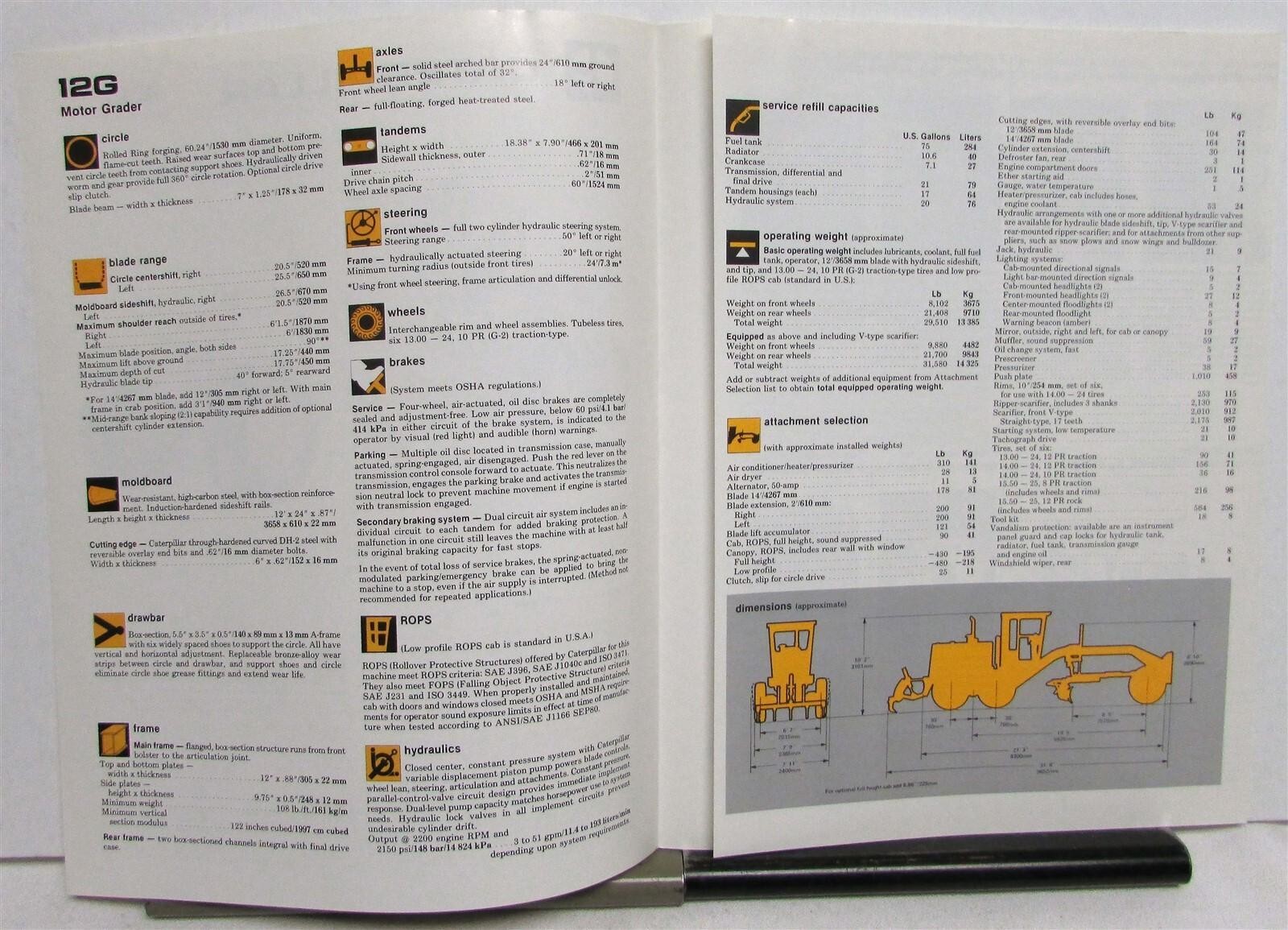 1985 CAT No 12G Road Motor Grader Construction Specifications Sale Tri-Folder