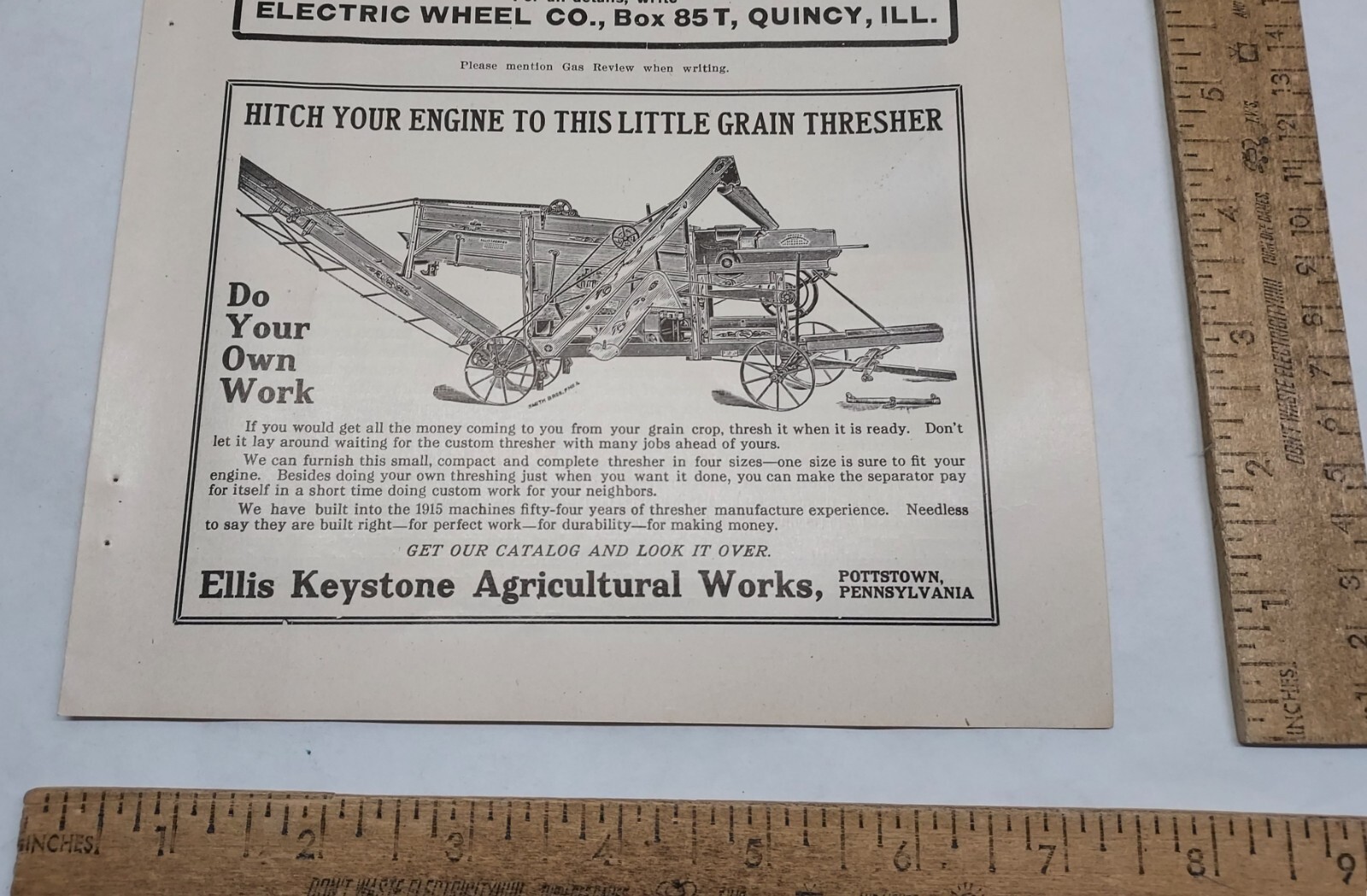 1915 – Ellis Keystone Ag Works – GRAIN THRESHER – magazine ad – listing #5892