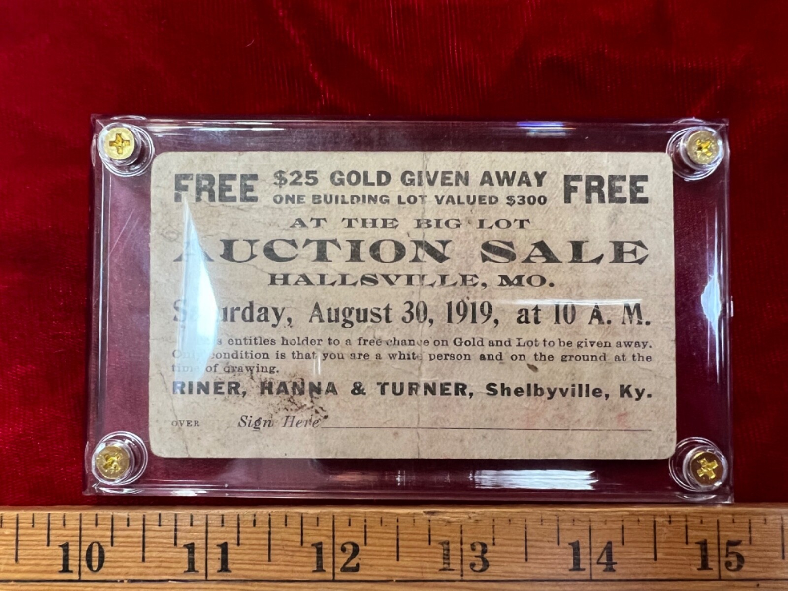 1919 August 30-Auction Advertising – Hallsville – Missouri Gold Giveaway Ticket