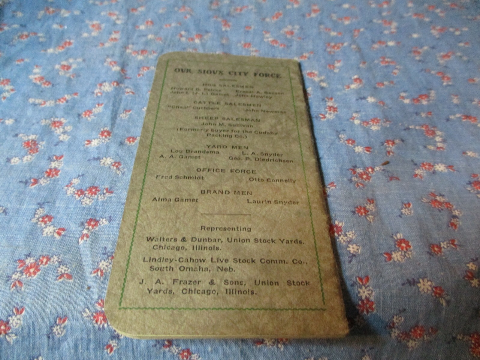 Pocket Notebook 1926-27 Peirce & Garmet Stock Yarads Sioux City Iowa